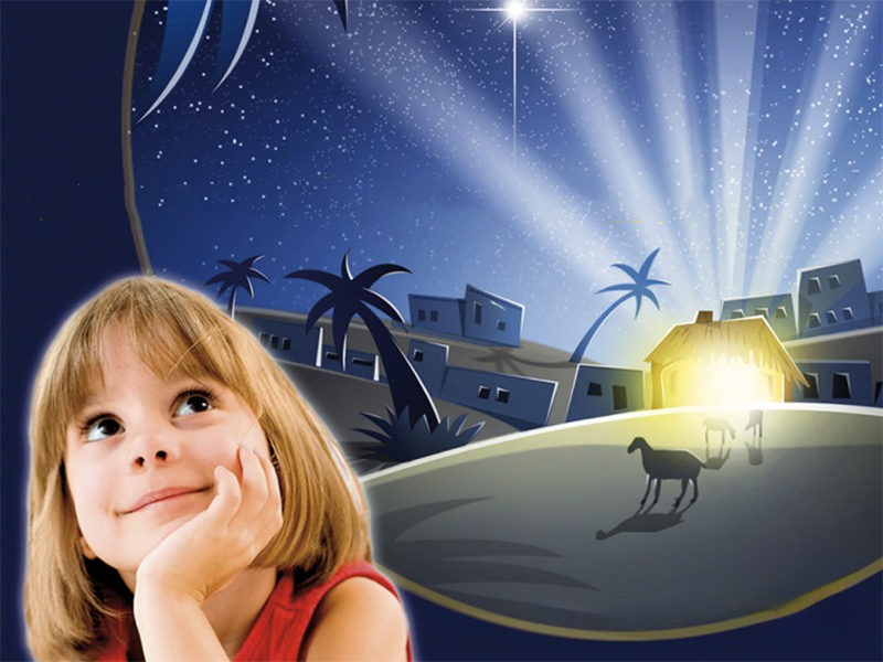 Sternstunde in Betlehem mit Kind, das die Sterne bewundert. Im Hintergrund ist die Krippe.